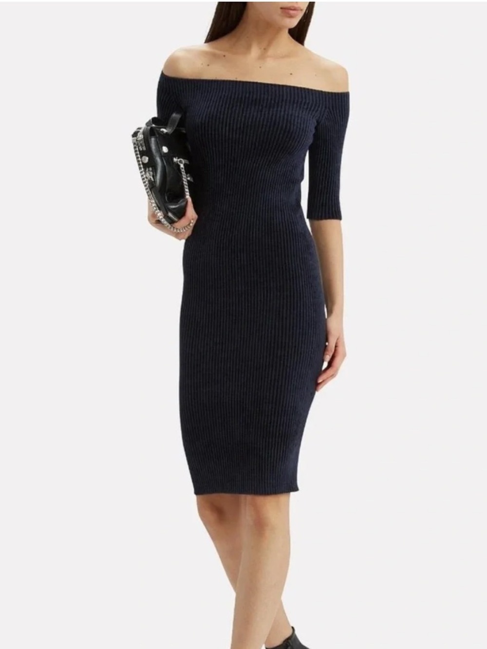 Helmut Lang Off the Shoulder Ribbed Knit Velveteen Navy Blue Bodycon Dress Small